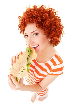 Fun woman with sandwich on the white backgroundの写真素材