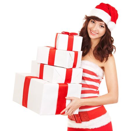 Happy santa woman with gift boxesの写真素材