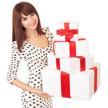 Happy woman with gift boxesの写真素材