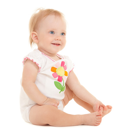 Cute baby with beautiful blue eyes on the white backroundの写真素材