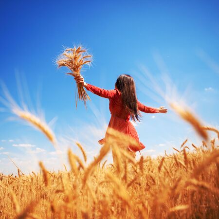 Happy woman enjoying the life in the field Nature beauty, blue sky and field with golden wheat. Outdoor lifestyle. Freedom concept. Woman jump in summer fieldの写真素材