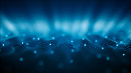 Digital technology background. Network with glowing light blue dots structure. Big data cloud, 3d illustration. Blockchain network concept. Futuristic data flow.の写真素材