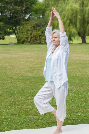 best ager women practising yoga and tai chi outdoorsの写真素材