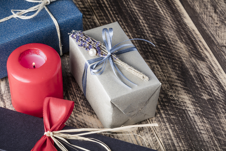 christmas xmas birthday presents background rustic wood copy-spaceの写真素材