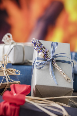 christmas xmas birthday presents background rustic wood copy-spaceの写真素材