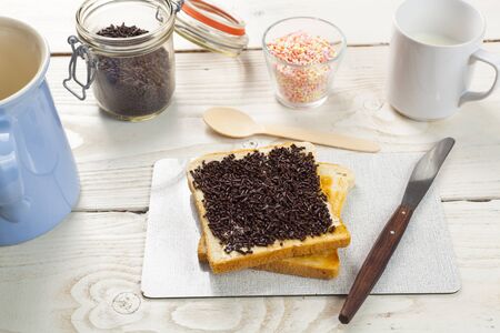 outdoor spring breakfast sweet bread spread on wooden table