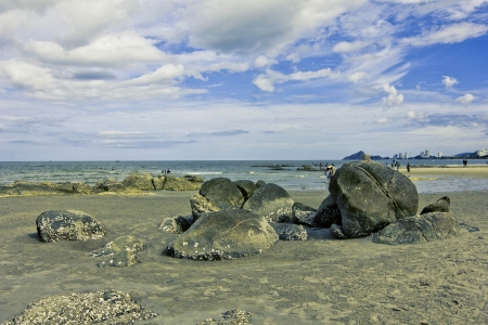 a beach is beautiful, the green tree,  the sky is blue,の写真素材