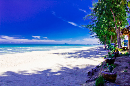 a beach is beautiful, the green tree, the green sea, the sky is blue,の写真素材