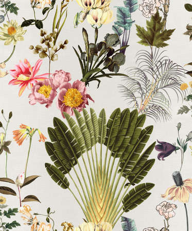 Half drop seamless repeat surface pattern designs with hand painted floral botanical designs and texture designs with beautiful flowers and leaves having a soothing and serene background.の写真素材