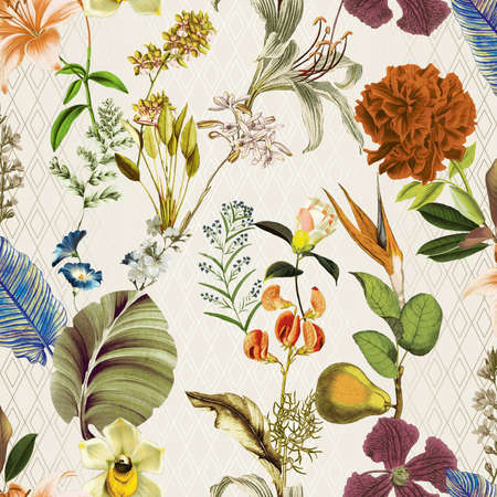 Half drop seamless repeat surface pattern designs with hand painted floral botanical designs and texture designs with beautiful flowers and leaves having a soothing and serene background.の写真素材