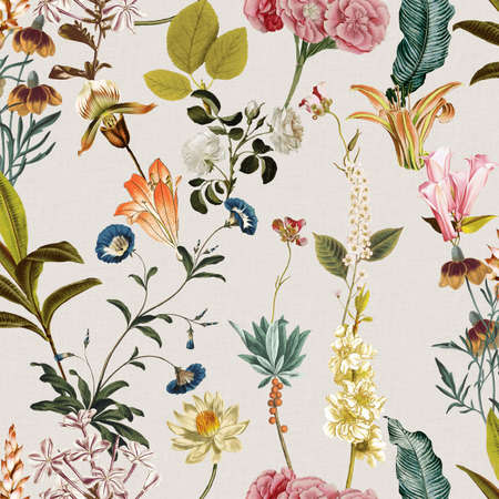 Half drop seamless repeat surface pattern designs with hand painted floral botanical designs and texture designs with beautiful flowers and leaves having a soothing and serene background.の写真素材