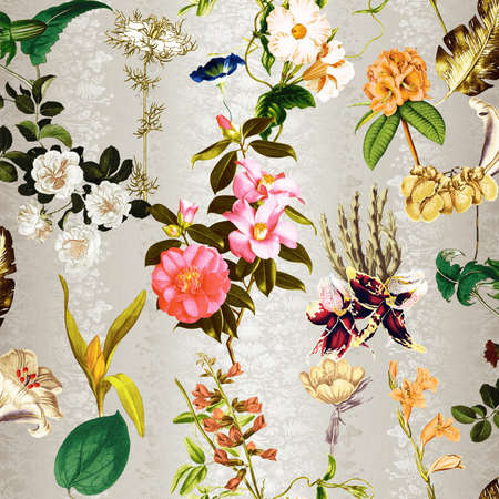 Half drop seamless repeat surface pattern designs with hand painted floral botanical designs and texture designs with beautiful flowers and leaves having a soothing and serene background.の写真素材