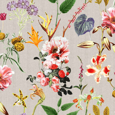 Half drop seamless repeat surface pattern designs with hand painted floral botanical designs and texture designs with beautiful flowers and leaves having a soothing and serene background.の写真素材