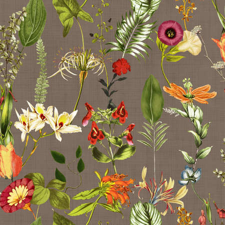 Half drop seamless repeat surface pattern designs with hand painted floral botanical designs and texture designs with beautiful flowers and leaves having a soothing and serene background.の写真素材