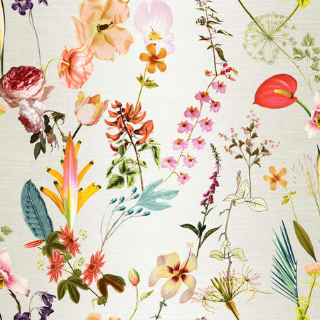 Half drop seamless repeat surface pattern designs with hand painted floral botanical designs and texture designs with beautiful flowers and leaves having a soothing and serene background.の写真素材