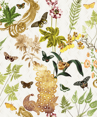 Half drop seamless repeat surface pattern designs with hand painted floral botanical and peacock designs and textures with beautiful flowers and leaves having a serene soothing background.の写真素材
