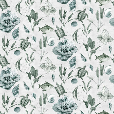 Half drop seamless repeat surface pattern design with nautical motifs having a serene soothing background.の写真素材