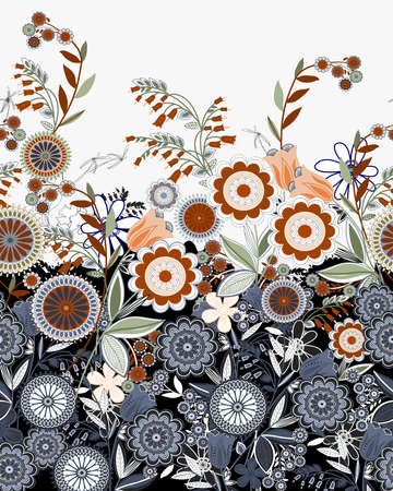 Seamless side to side repeat large border design with floral patterns and motifsの写真素材