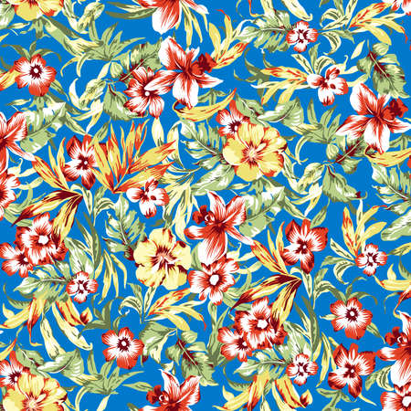 Half drop seamless repeat surface pattern designs with hand painted floral botanical designs and textures with beautiful flowers and leaves having a serene soothing background.の写真素材