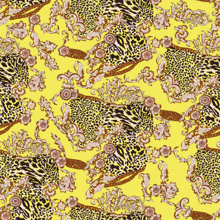 Seamless repeat pattern design with animal and ornament elements and motifsの写真素材