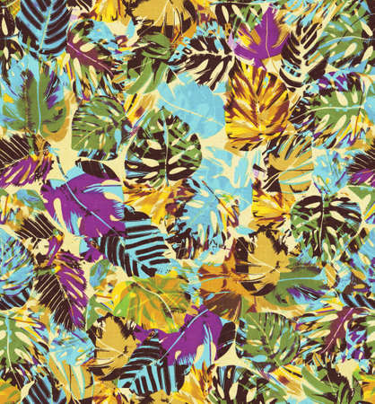 Seamless repeat surface pattern designs with hand painted floral botanical designs and fabric textures with beautiful tropical flowers and leaves having a serene soothing background.の写真素材