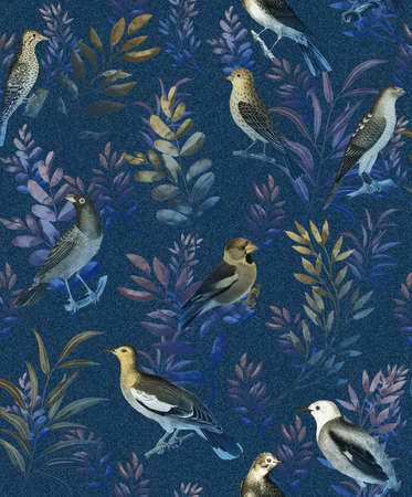 Half drop seamless pattern design with hand painted birds, flowers, leaves elements and motifs.の写真素材