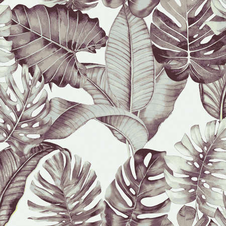 Half drop seamless repeat surface pattern design hand painted with tropical floral and leaves motifs having a serene soothing background.の写真素材