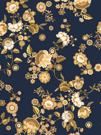 Seamless repeat surface pattern designs with floral motifs and design in spring summer colors with golden foreground on dark blue background.の写真素材