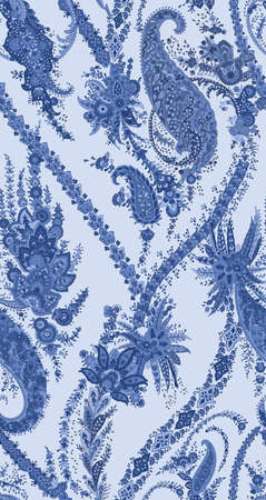 Half drop seamless repeat surface pattern design with paisley and ornamental as well as floral motifs and design in blue tone on tone colors.の写真素材