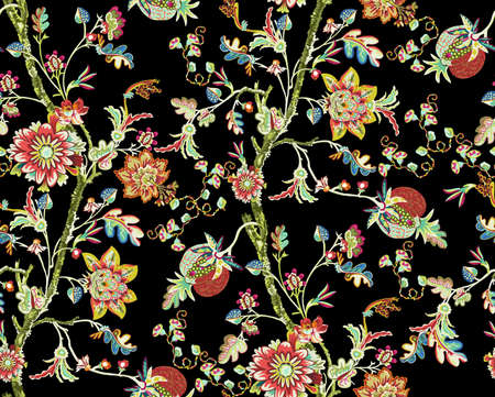 Seamless repeat surface pattern design with busy and intricate floral motifs and tulip vein design...