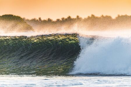 The perfect wave for surfing without people. spray from the wave fliesの写真素材