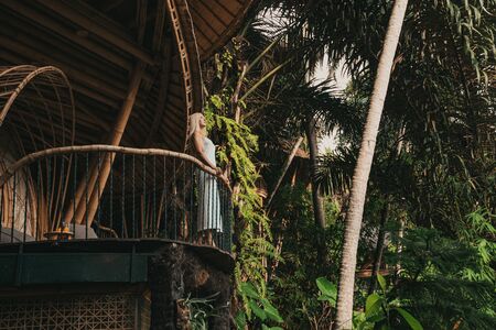 Blonde on balcony of a bamboo house in the jungleの写真素材