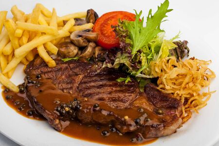 Gravy meat with french friesの写真素材
