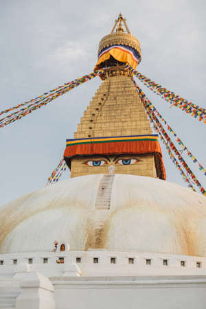 bodnath stupa in kathmandu. capital of Nepal. eyes with a flagsの写真素材