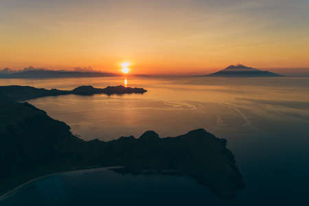 sunset in Padar island.Flores tropical paradise. Labuan Bajo. drone aerialの写真素材