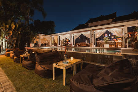 Shisha bar with a sitting bag. Lounge place. hookah in interior. summer time.の写真素材