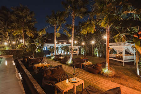 Shisha bar with a sitting bag. Lounge place. hookah in interior. summer time.の写真素材