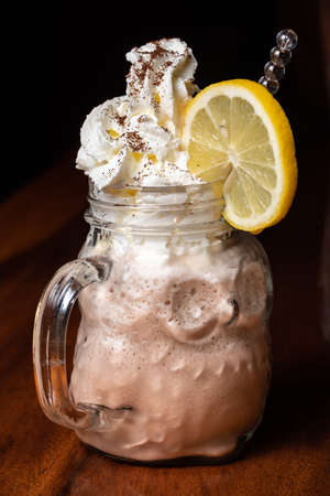 Chocolate milkshake in jars for healthy breakfast  coffee cappuccinoの写真素材