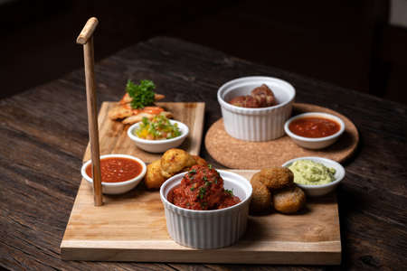 Spanish food, tapas, appetizers with seafood, meet and sauces. Vegan vegetarianの写真素材