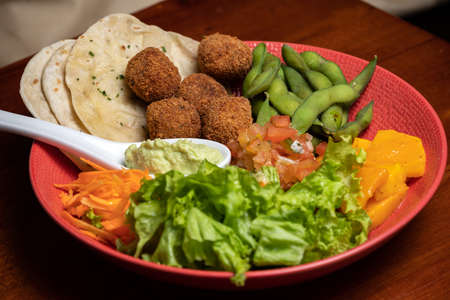Vegan falafel with vegetables and tzatziki sauce. Arabic food, Buddha bowl pitaの写真素材