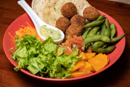 Vegan falafel with vegetables and tzatziki sauce. Arabic food, Buddha bowl pitaの写真素材