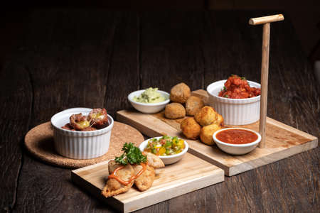 Spanish food, tapas, appetizers with seafood, meet and sauces. Vegan vegetarianの写真素材