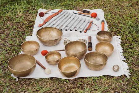 Tibetan, Himalayan Copper singing bowls. Relaxation healing meditation yoga.の写真素材