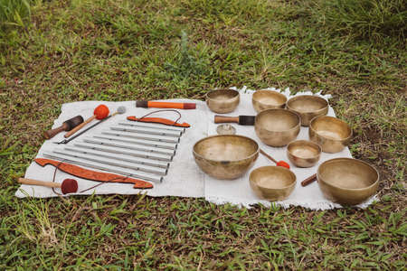 Tibetan, Himalayan Copper singing bowls. Relaxation healing meditation yoga.の写真素材