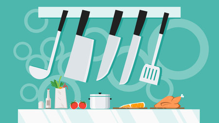 Kitchen utensils with knife set equipment hanging. cooking with shelve banner background concept....