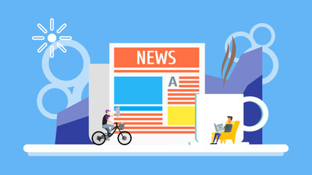Business man reading newspaper with cup of coffee background. man rides on bicycle with news headline concept. Flay Tiny People Character. landing page design template Vector Illustration.のイラスト素材