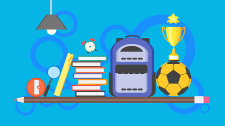 Back to school poster background. learning banner concept with backpack, pile of books, soccer ball, pencil, trophy, ruler, and education item. flat design vector illustration.のイラスト素材