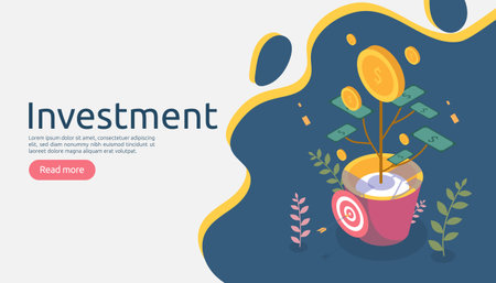 Business management growth concept. Returns on investment isometric vector illustration with money coin plant in flower pot. template for web landing page, banner, presentation, social media.のイラスト素材