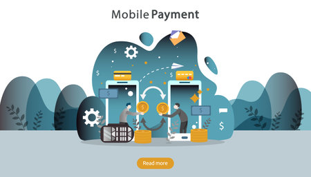 mobile payment or money transfer concept. E-commerce market shopping online illustration with tiny people character. template for web landing page, banner, presentation, social media, print media.のイラスト素材
