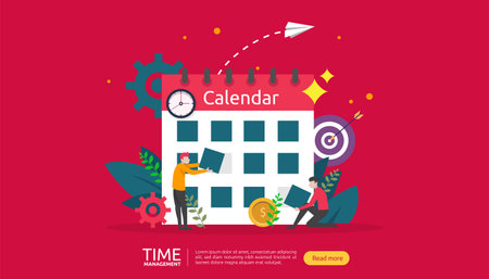 time management and procrastination concept. planning and strategy for business solutions with clock, calendar and tiny people character for presentation, social and print media. Vector illustrationのイラスト素材